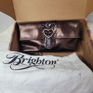 Brighton Scarlet Bronze Fold Over Leather Handbag Silver Strap W/Dust Bag EUC